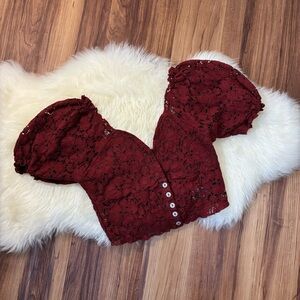 Urban Outfitters Maroon Brooke Eyelet Cropped Puff Sleeve Blouse • Size M
